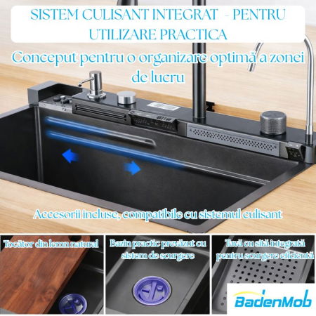 Set chiuveta multifunctionala smart, inox 3 mm, afisaj digital, doua cascade, spalator pahare, dozator detergent, baterie extensibila cu 3 functii, tocator, tava si sita inclusa, antizgarieturi, 75X45 cm [9]