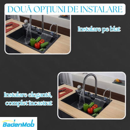 Set chiuveta multifunctionala smart, inox auriu 3 mm, afisaj digital, doua cascade, spalator pahare, dozator detergent, baterie extensibila cu 3 functii, tocator, tava si sita inclusa, 75X45 cm [11]