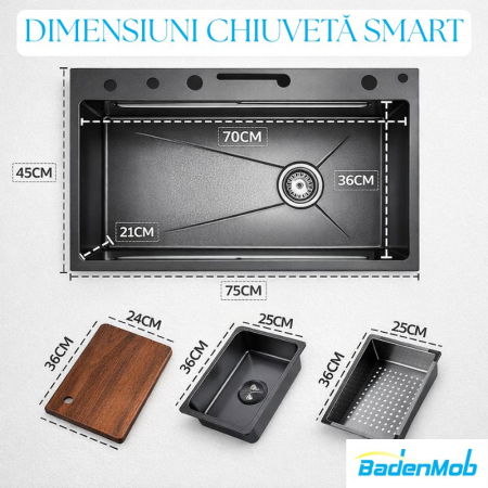 Set chiuveta multifunctionala smart, inox auriu 3 mm, afisaj digital, doua cascade, spalator pahare, dozator detergent, baterie extensibila cu 3 functii, tocator, tava si sita inclusa, 75X45 cm [13]