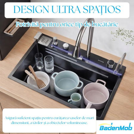Set chiuveta multifunctionala smart, inox negru grafit 3 mm, afisaj digital, doua cascade, spalator pahare, dozator detergent, baterie extensibila cu 3 functii, tocator, tava si sita inclusa, 75X45 cm [4]