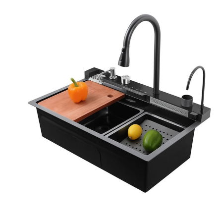 Sanitare - Set chiuveta multifunctionala smart, inox negru grafit 3 mm, afisaj digital, doua cascade, spalator pahare, dozator detergent, baterie extensibila cu 3 functii, tocator, tava si sita inclusa, 75X45 cm