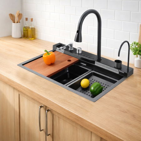 Sanitare - Set chiuveta multifunctionala smart, inox negru grafit 3 mm, afisaj digital, doua cascade, spalator pahare, dozator detergent, baterie extensibila cu 3 functii, tocator, tava si sita inclusa, 75X45 cm