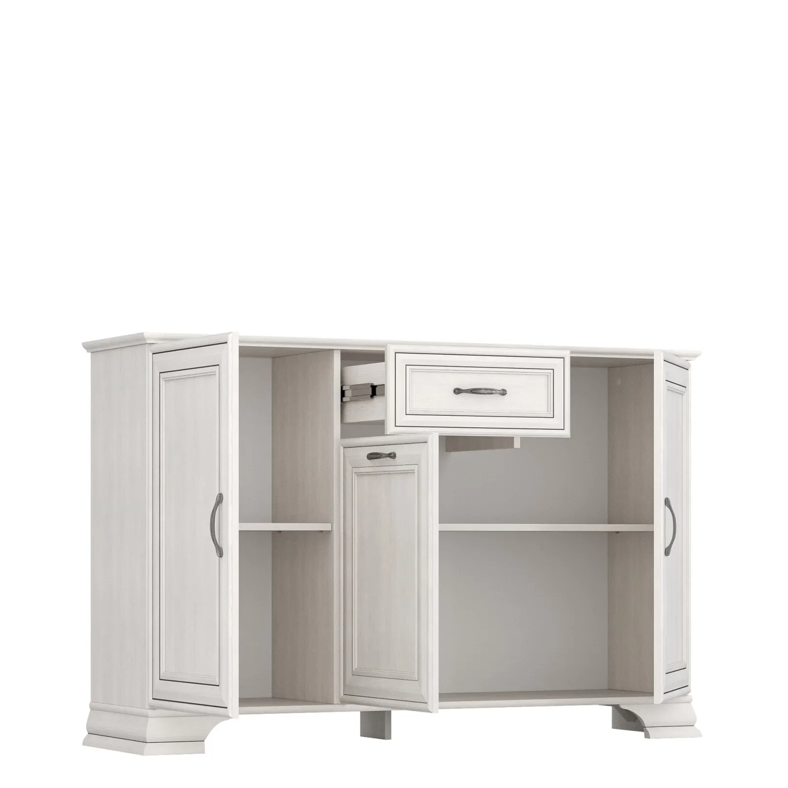 Dormitoare Clasice - Set dormitor TIFFANY II, 5 piese, pat 160x200 cm, dulap 3 usi si 4 sertare, comoda, 2 noptiere, crem fineline