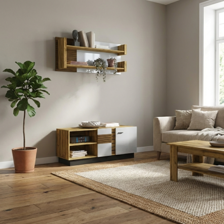 Livinguri Albe - Set Living VAL GARDENA, 2 corpuri, comoda VG4, etajera, VG9, corp PAL nuc, fronturi MDF late lucios