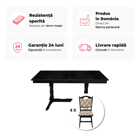 Mese si Scaune - Set masa extensibila EUROPA dreptunghiulara cu 4 scaune FLANDER stofa print 07, lemn masiv, wenge, 160/240x90x70 cm