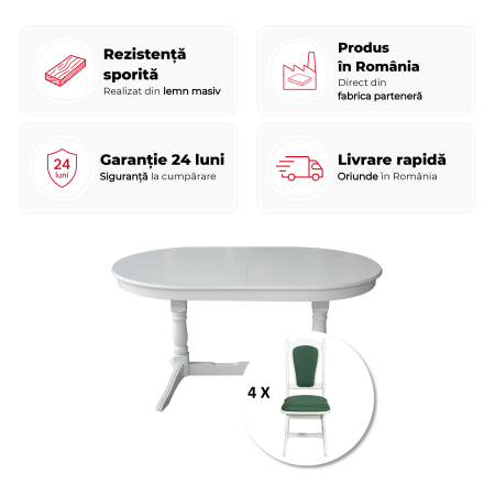 Mese Bucatarie - Set masa extensibila EUROPA ovala cu 4 scaune IZA stofa verde, lemn masiv, alb, 160/240x90x70 cm