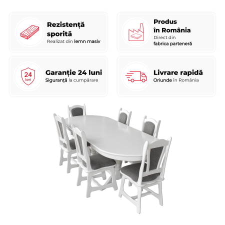 Mese Bucatarie - Set masa extensibila EUROPA ovala cu 6 scaune IZA stofa gri, lemn masiv, alb, 160/240x90x70 cm