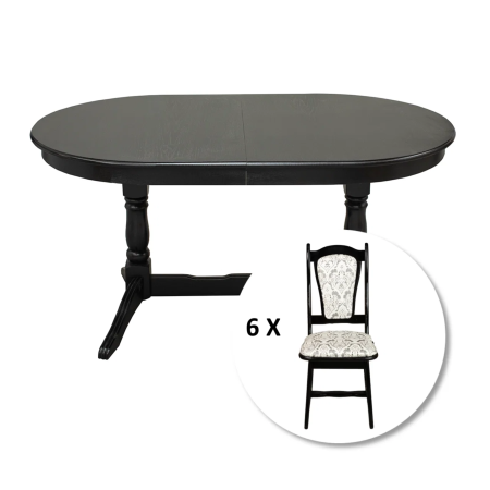 Mese Bucatarie - Set masa extensibila EUROPA ovala cu 6 scaune IZA stofa print 02, lemn masiv, wenge, 160/240x90x70 cm