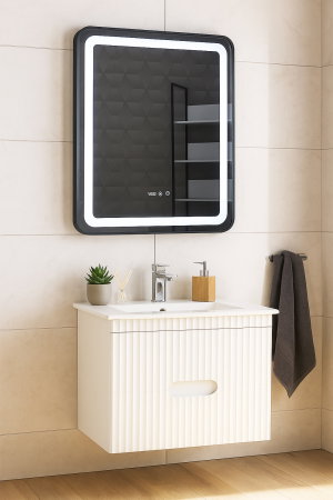 Baza cu Lavoar - Set Baza front MDF cu Lavoar si Oglinda cu iluminare LED, seria 009, suspendata, cu sertare, 70 cm, alb