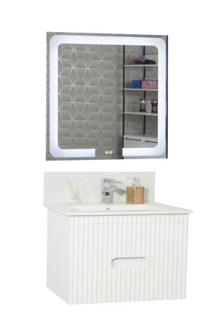 Produs în România - Set Baza front MDF cu Lavoar si Oglinda cu iluminare LED, seria 009, suspendata, cu sertare, 80 cm, alb