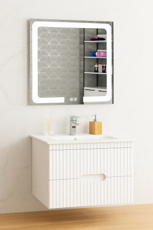 Produs în România - Set Baza front MDF cu Lavoar si Oglinda cu iluminare LED, seria 009, suspendata, cu sertare, 80 cm, alb