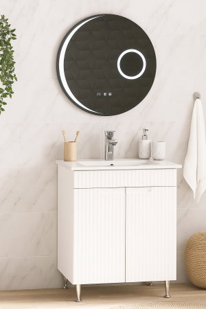 Mobilier Baie - Set Baza front MDF cu Lavoar si Oglinda cu iluminare LED, seria 033, montat, 60 cm, alb