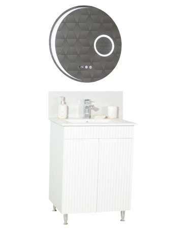 Mobilier Baie - Set Baza front MDF cu Lavoar si Oglinda cu iluminare LED, seria 033, montat, 60 cm, alb