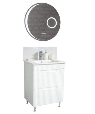 Mobilier Baie - Set Baza front MDF cu Lavoar si Oglinda cu iluminare LED, seria 033, cu sertare, montat, 60 cm, alb