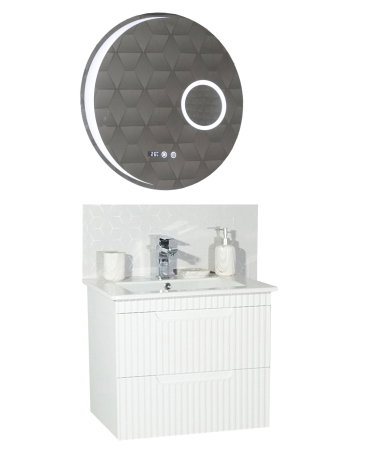 Mobilier Baie - Set Baza front MDF cu Lavoar si Oglinda cu iluminare LED, seria 033, suspendata, cu sertare, montat, 60 cm, alb