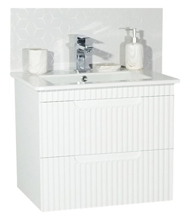 Mobilier Baie - Set Baza front MDF cu Lavoar si Oglinda cu iluminare LED, seria 033, suspendata, cu sertare, montat, 60 cm, alb