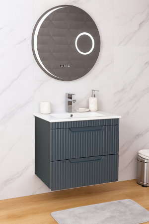 Mobilier Baie - Set Baza front MDF cu Lavoar si Oglinda cu iluminare LED, seria 033, suspendata, cu sertare, montat, 60 cm, antracit