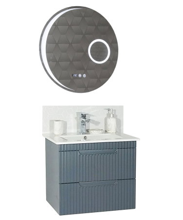 Mobilier Baie - Set Baza front MDF cu Lavoar si Oglinda cu iluminare LED, seria 033, suspendata, cu sertare, montat, 60 cm, antracit