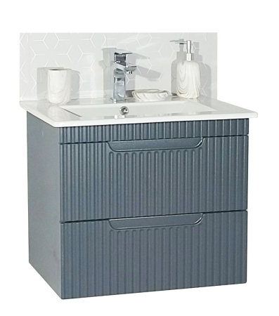 Mobilier Baie - Set Baza front MDF cu Lavoar si Oglinda cu iluminare LED, seria 033, suspendata, cu sertare, montat, 60 cm, antracit