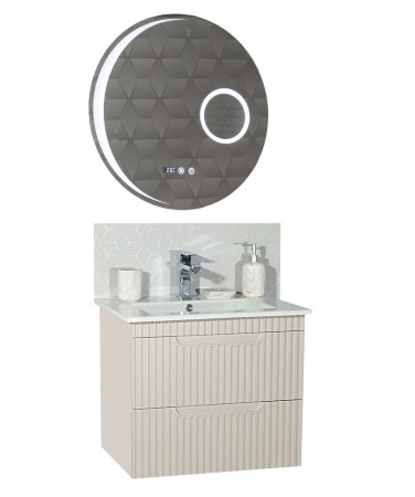 Mobilier Baie - Set Baza front MDF cu Lavoar si Oglinda cu iluminare LED, seria 033, suspendata, cu sertare, montat, 60 cm, crem