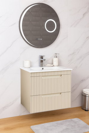 Mobilier Baie - Set Baza front MDF cu Lavoar si Oglinda cu iluminare LED, seria 033, suspendata, cu sertare, montat, 60 cm, crem