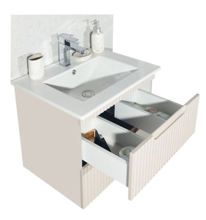 Set Baza front MDF cu Lavoar si Oglinda cu iluminare LED, seria 033, suspendata, cu sertare, montat, 60 cm, crem [4]