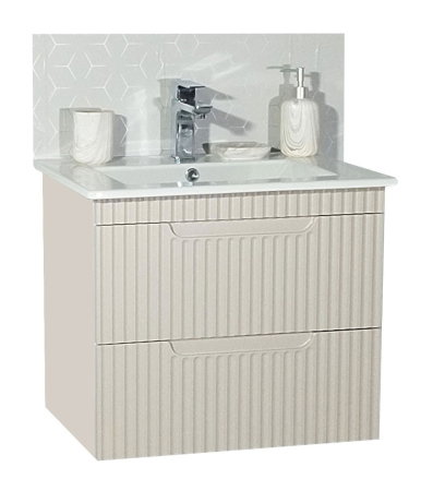 Mobilier Baie - Set Baza front MDF cu Lavoar si Oglinda cu iluminare LED, seria 033, suspendata, cu sertare, montat, 60 cm, crem