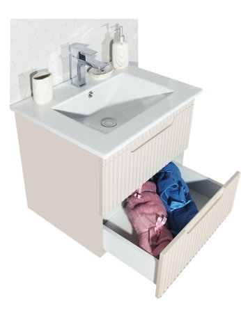 Mobilier Baie - Set Baza front MDF cu Lavoar si Oglinda cu iluminare LED, seria 033, suspendata, cu sertare, montat, 60 cm, crem