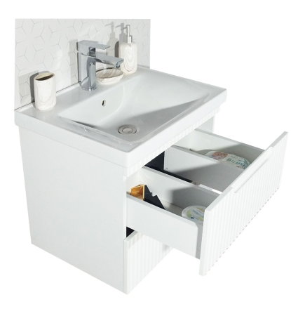 Set Baza front MDF cu Lavoar si Oglinda cu iluminare LED, seria 733, suspendata, cu sertare, montat, 60 cm, alb [4]