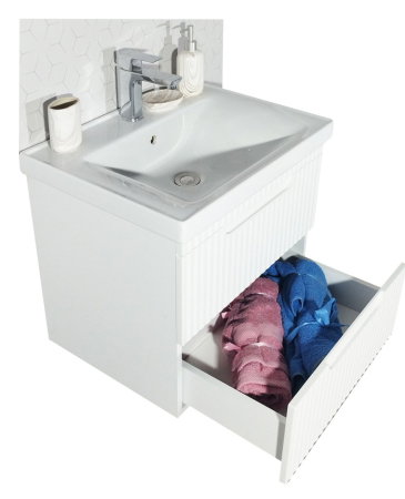 Mobilier Baie - Set Baza front MDF cu Lavoar si Oglinda cu iluminare LED, seria 733, suspendata, cu sertare, montat, 60 cm, alb