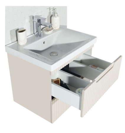 Set Baza front MDF cu Lavoar si Oglinda cu iluminare LED, seria 733, suspendata, cu sertare, montat, 60 cm, crem [4]