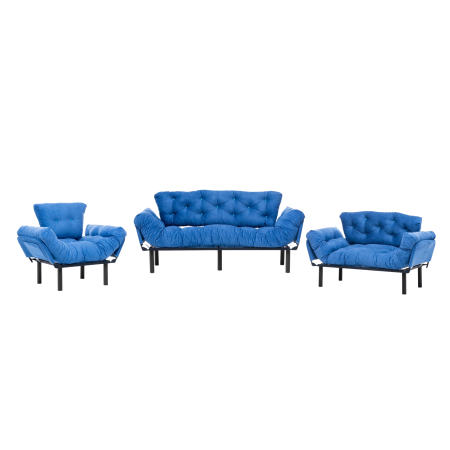 Set Canapea si Fotolii - Set NITTA 3-2-1, canapea extensibila 3 locuri, canapea extensibila 2 locuri si fotoliu extensibil, albastru - Expomob