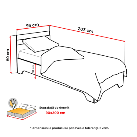 Paturi cu Saltele - Set Pat Alma 90x200 cm cu picioare + Saltea superortopedică 90x200 cm + Dulap Alma 1 ușă - ExpoMob