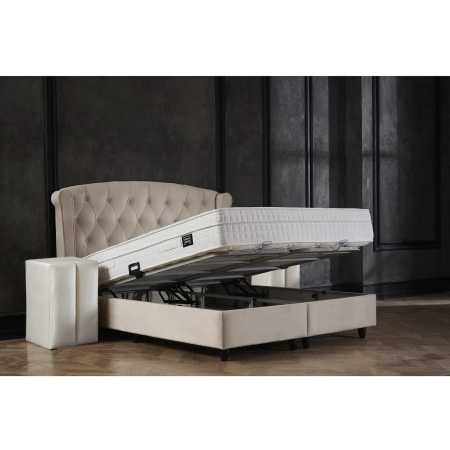 Paturi cu Saltele - Set Pat tapitat ROSE 160x200 cm, cu saltea, somiera rabatabila si spatiu depozitare, stofa bej + 2 Noptiere BLACKBERRY cu 1 usa, stofa bej