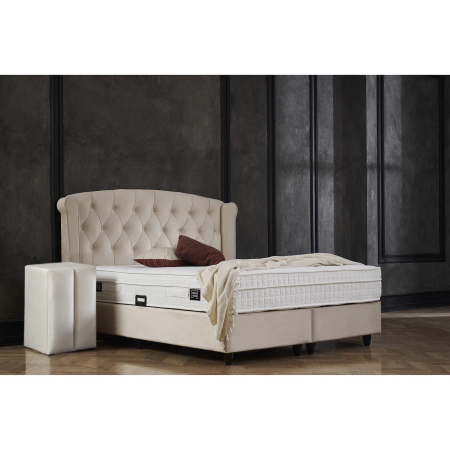 Paturi cu Saltele - Set Pat tapitat ROSE 160x200 cm, cu saltea, somiera rabatabila si spatiu depozitare, stofa bej + 2 Noptiere BLACKBERRY cu 1 usa, stofa bej