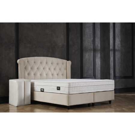 Paturi cu Saltele - Set Pat tapitat ROSE 160x200 cm, cu saltea, somiera rabatabila si spatiu depozitare, stofa bej + 2 Noptiere BLACKBERRY cu 1 usa, stofa bej