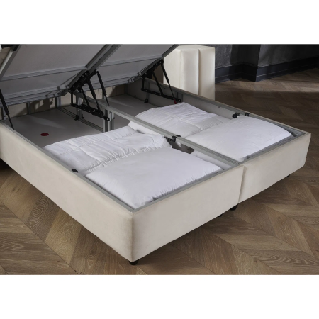 Set Pat tapitat ROSE 160x200 cm, cu saltea, somiera rabatabila si spatiu depozitare, stofa bej + 2 Noptiere BLACKBERRY cu 1 usa, stofa bej [4]