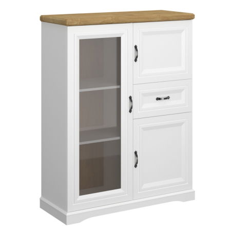 Vitrine - Vitrina joasa RIVA, 3 usi, 1 sertar, geam, alb + stejar harbor, 102,7x41x133,6 cm