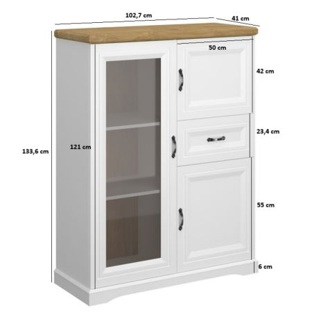 Vitrine - Vitrina joasa RIVA, 3 usi, 1 sertar, geam, alb + stejar harbor, 102,7x41x133,6 cm