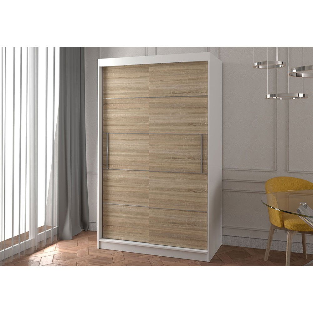 Dulap NEOMI 06, usi glisante, 6 rafturi, bara de haine, corp alb, front sonoma, 120x61x200 cm