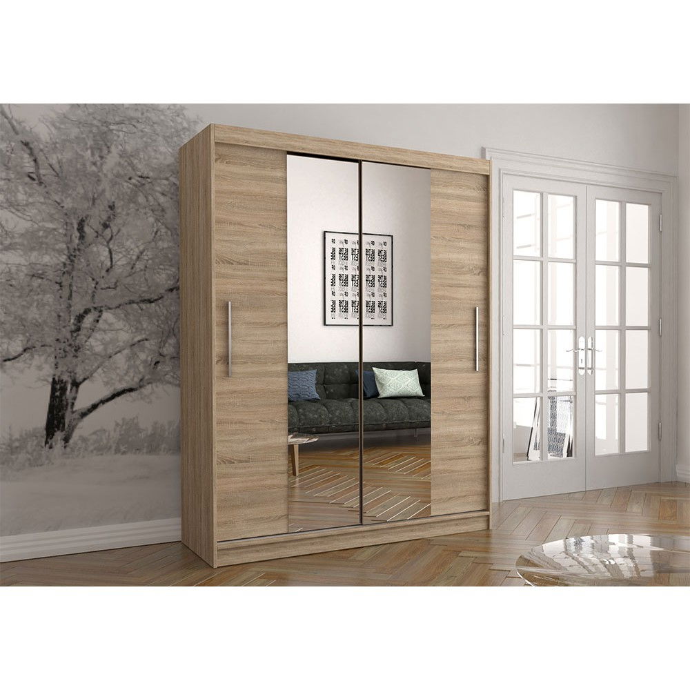 Dulap VISTA 01, usi glisante, oglinda, 6 rafturi, bara de haine, sonoma, 150x61x200 cm