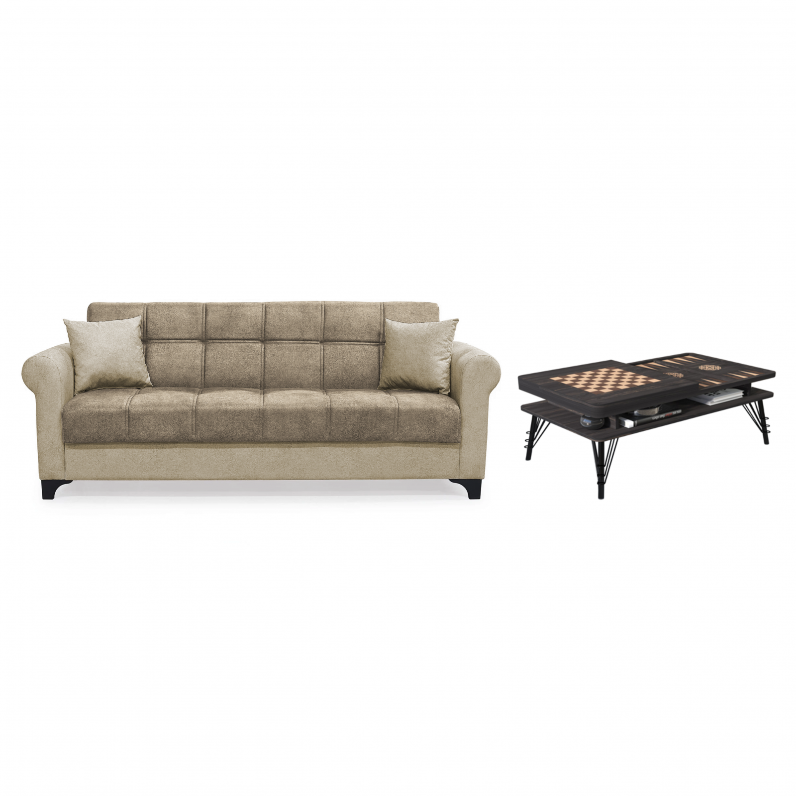 Set Canapea SALLY extensibila, maro + bej si masuta cafea TABLE, wenge