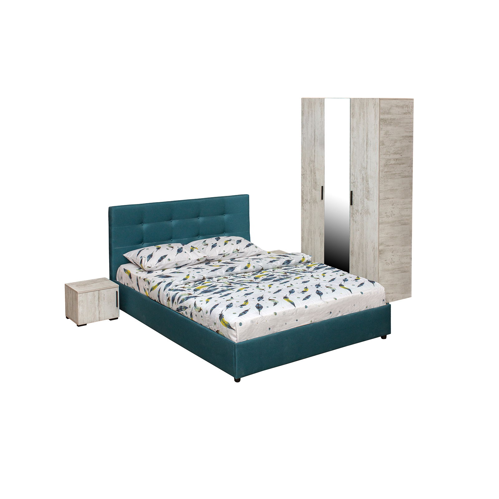 Set dormitor ECONO, 4 piese, pat 160x200 cm, dulap 3 usi, 2 noptiere, pin antichizat + turcoaz