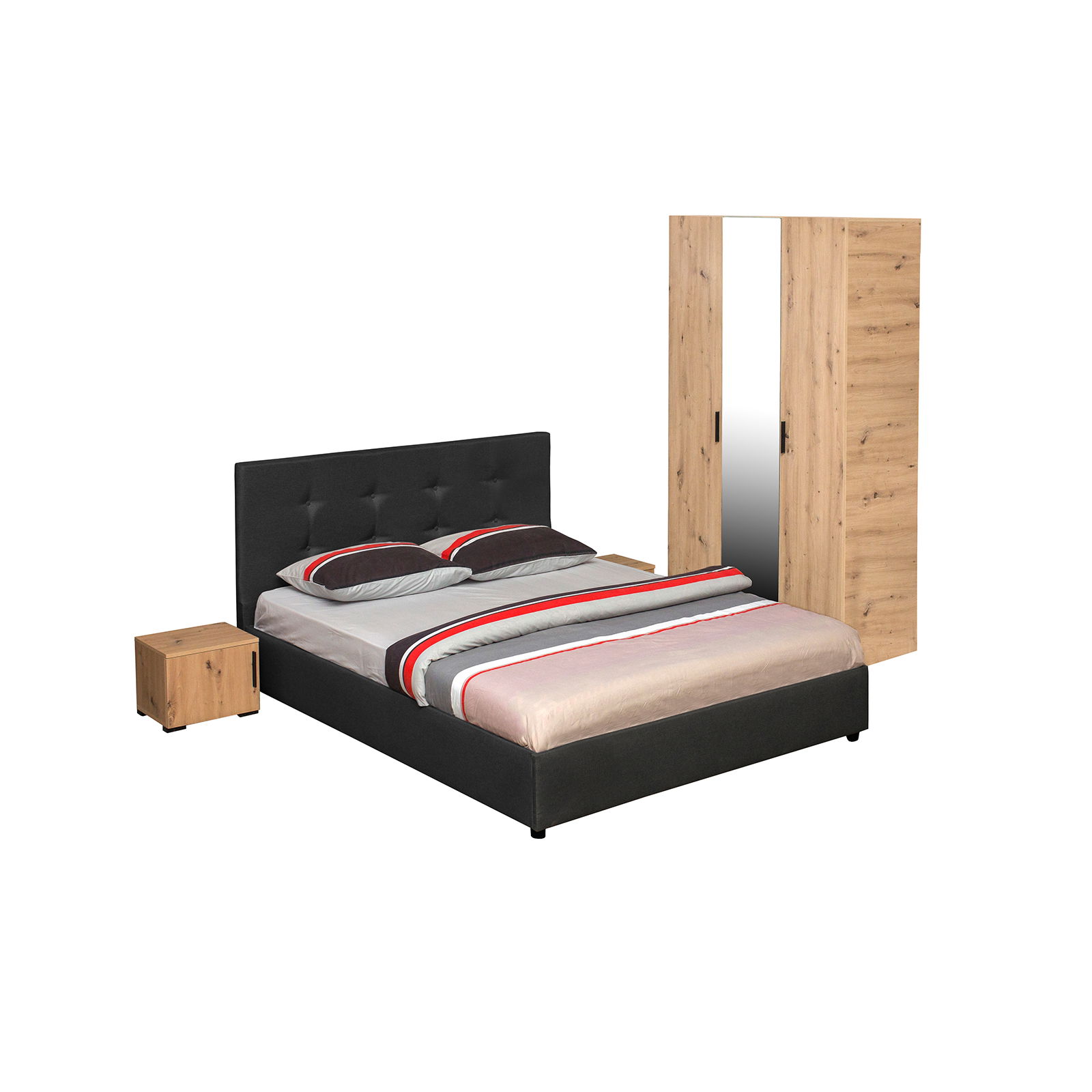 Set dormitor ECONO, 4 piese, pat 160x200 cm, dulap 3 usi, 2 noptiere, artisan + gri antracit