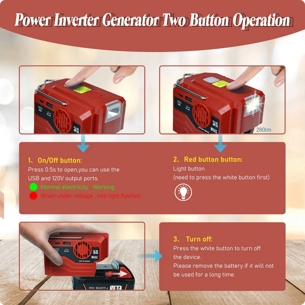 Invertor portabil de exterior de 200W pentru baterie Milwaukee 18V la AC 110V/220V Convertor USB Tpye-C Power Bank cu convertor de lumină [7]