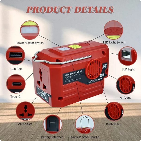 Invertor portabil de exterior de 200W pentru baterie Milwaukee 18V la AC 110V/220V Convertor USB Tpye-C Power Bank cu convertor de lumină [6]