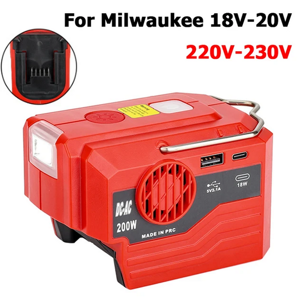 Invertor portabil de exterior de 200W pentru baterie Milwaukee 18V la AC 110V/220V Convertor USB Tpye-C Power Bank cu convertor de lumină [1]