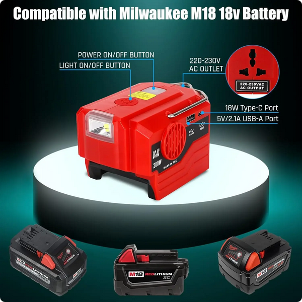 Invertor portabil de exterior de 200W pentru baterie Milwaukee 18V la AC 110V/220V Convertor USB Tpye-C Power Bank cu convertor de lumină [5]