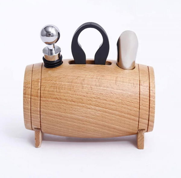 Set 4 piese din oțel inoxidabil de deschidere pentru sticle de vin cu suport tip butoi din lemn [5]