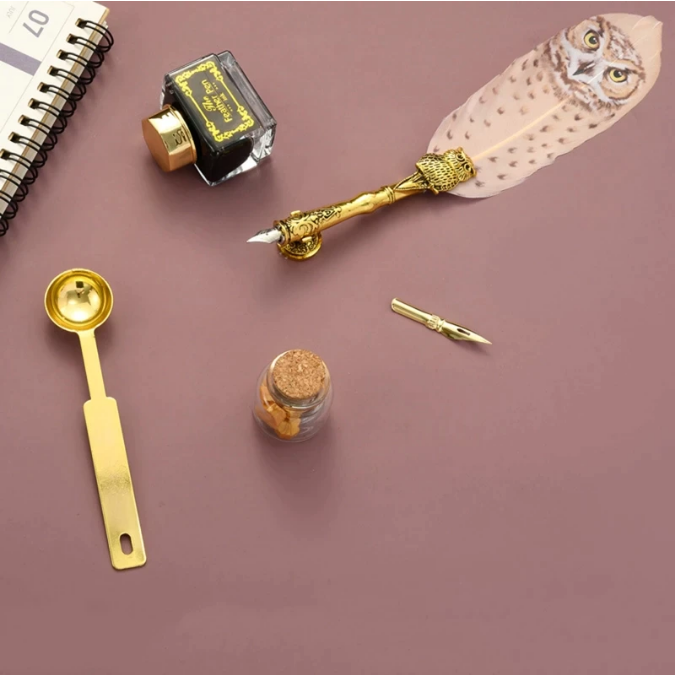 Set pana de caligrafie cu ceara si calimara, tip bufnita cadou [3]